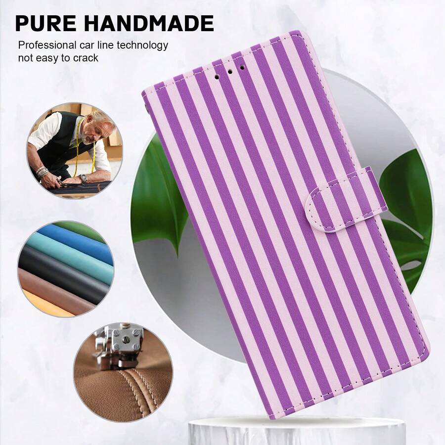 GLANDOTU Purple And White Vertical Striped PU Leather Wallet Phone Case, Flip Cover Design, Multiple Card Slots, Built-In Stand, Shockproof Protection, Compatible With Multiple Phone Models - Multicolor - View 1
