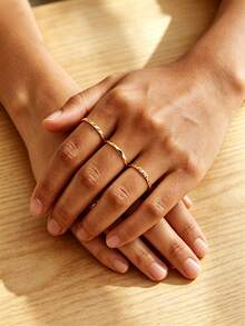 3PCS Stainless Steel Women's Versatile Non-Fading Rhombus Geometric Design Stackable Ring Set - Gold - View 1