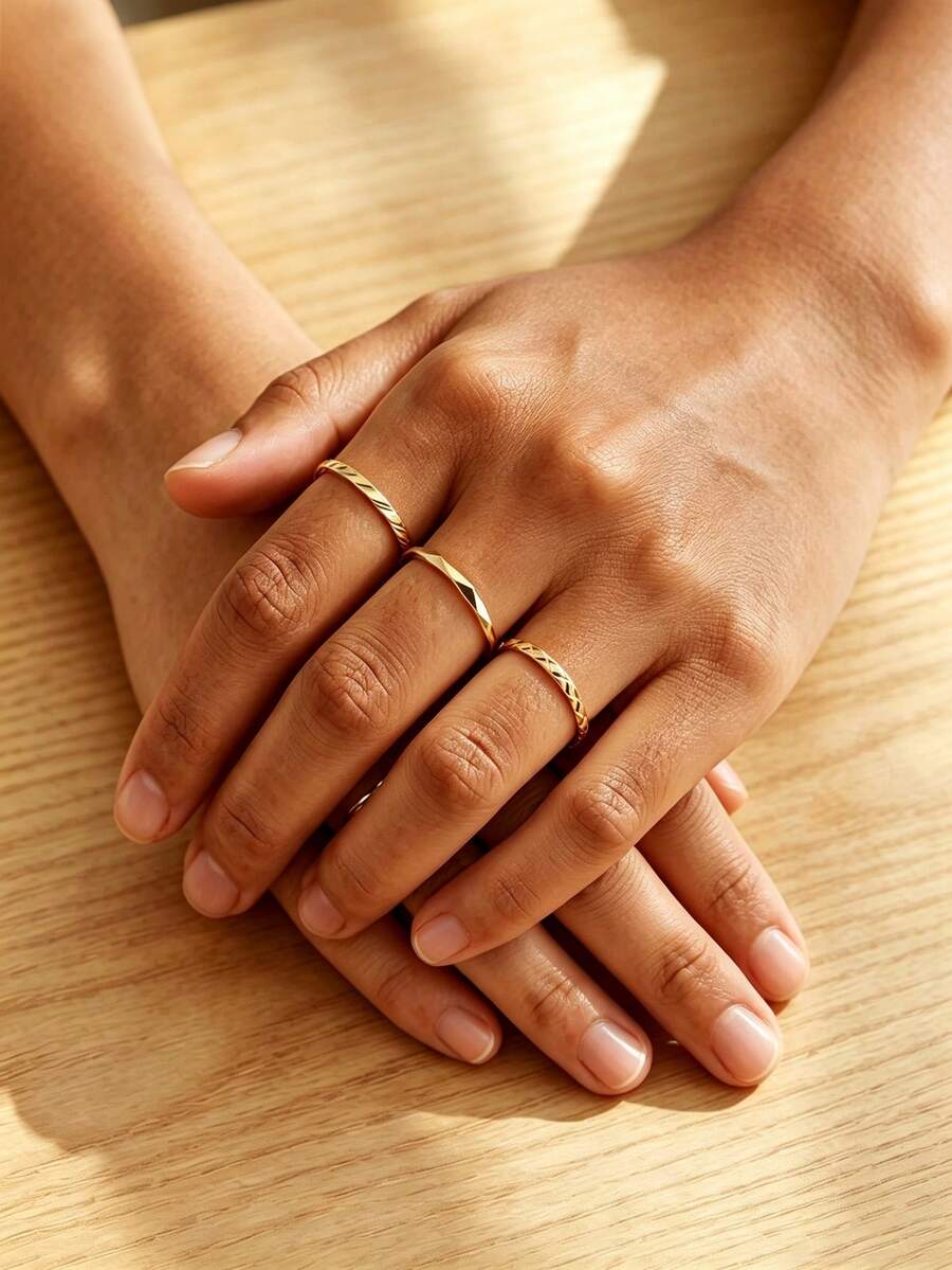 3PCS Stainless Steel Women's Versatile Non-Fading Rhombus Geometric Design Stackable Ring Set - Gold - View 1