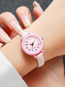 Women's Fresh Petite Thin PU Strap Quartz Watch, Minimalist Small Digital Dial Watch For Girls And Students Daily Wear, Gift Watch (1pc/Set) Watch Box Not Included - Pink - View 2