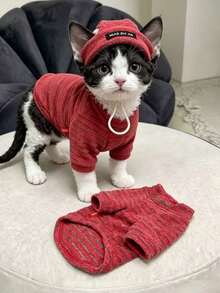 1pc Pet Cat Clothes Autumn/Winter Warm Fleece Two-Legged Outfit For Devon Rex Hairless Cat, Siamese Cat, Cute Striped Home Wear, New Warm Two-Legged Cat Clothes - Red - View 5