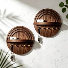 Round Wooden Key Holder Shelf, Nordic Style Entryway Storage Rack With Hooks, Bedroom Kitchen Bathroom Universal Room Decor, Multi-Functional Wall-Mounted Storage Rack, Minimalist Home Wall Decoration - View 4