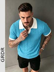 Kemeja Rajut Lengan Pendek Pria GRDR dengan Desain Trim Kontras - Kaos Kasual Modis - Mint Blue - View 2