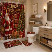 1pc/4pcs Red Background Santa Claus Gift Pattern Multi-Functional Bathroom Decor Shower Curtain Set, Free 12 Hooks, Premium Holiday Atmosphere, Bathroom Mat U-Shaped Floor Mat And Round Toilet Lid Cover, Suitable For All Occasions Decoration, Bathroom Set - Santa Claus Gift Red Background - View 4