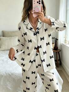 Nina Bonheur 2pcs/Set Women's Loose Comfortable Breathable Bow Print Long Sleeve Top + Pants Cute Pajama Set - Black and White - View 5