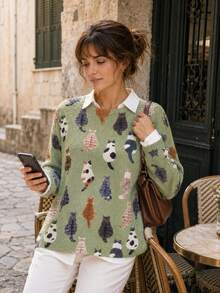 Women's Soft Long Sleeve Regular Cat Print Sweater, Medium Elasticity, Suitable For Outdoor Wear And Daily Matching In Autumn Fall - Light Green - View 1
