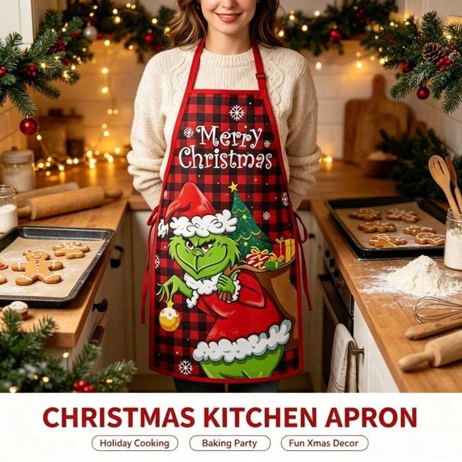 The Grinch 1PC Christmas Series Printed Apron, Waterproof And Stain-Resistant, Creative And Funny Kitchen Apron, Christmas Decoration - Multicolor - View 1