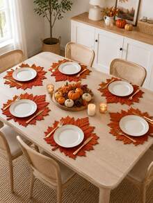 1/4/6PCS Orange Maple Leaf Linen Placemats, Rustic Autumn Leaf Shaped Table Mats, Farmhouse Heat Resistant Dining Place Mats For Thanksgiving Table Decor, Fall Kitchen Dining Room Party And Seasonal Home Decoration - Multicolor - View 9