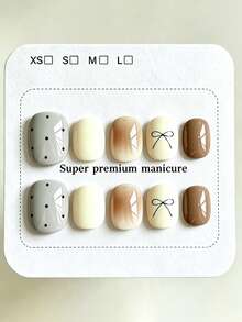 10pcs Pure Handmade Short Oval Multicolor Press On Nails, Korean Gentle Minimalist Style, Milk Coffee Gradient, Grey Polka Dots & Thin Black Bow Line Patterns For Women And Girls, Spring Summer Fall Winter Festivals Party And Daily Life Use - Multicolor - View 1