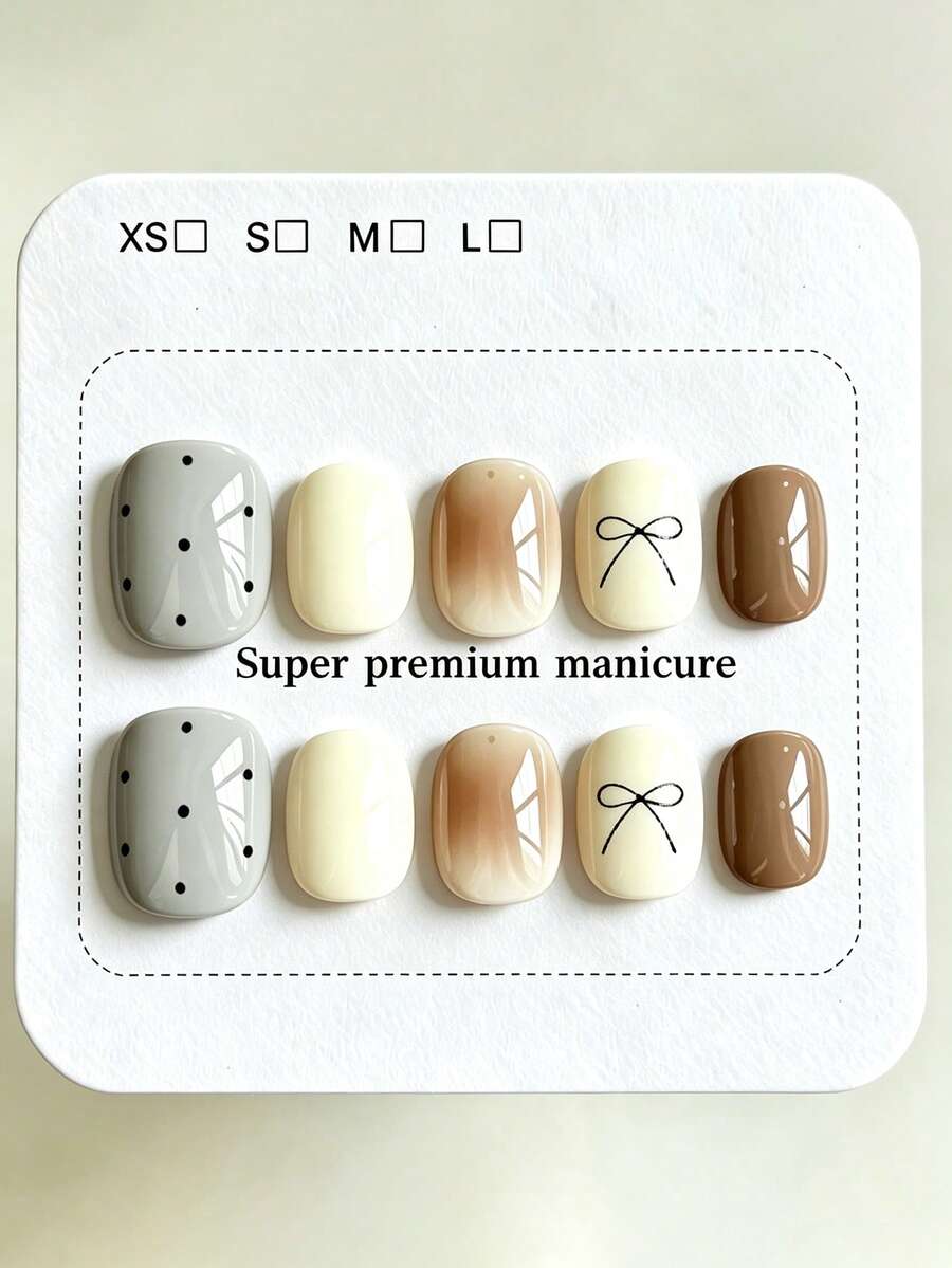 10pcs Pure Handmade Short Oval Multicolor Press On Nails, Korean Gentle Minimalist Style, Milk Coffee Gradient, Grey Polka Dots & Thin Black Bow Line Patterns For Women And Girls, Spring Summer Fall Winter Festivals Party And Daily Life Use - Multicolor - View 1