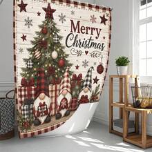 1pc/4pcs Plaid Border Gnome Christmas Tree Pattern Multi-Functional Bathroom Decor Shower Curtain Set Free 12 Hooks Premium Festive Atmosphere Bathroom Mat U-Shaped Floor Mat And Round Toilet Lid Cover Suitable For All Scenes Decoration Bathroom Set - Plaid Border Gnome Christmas Tree - View 2