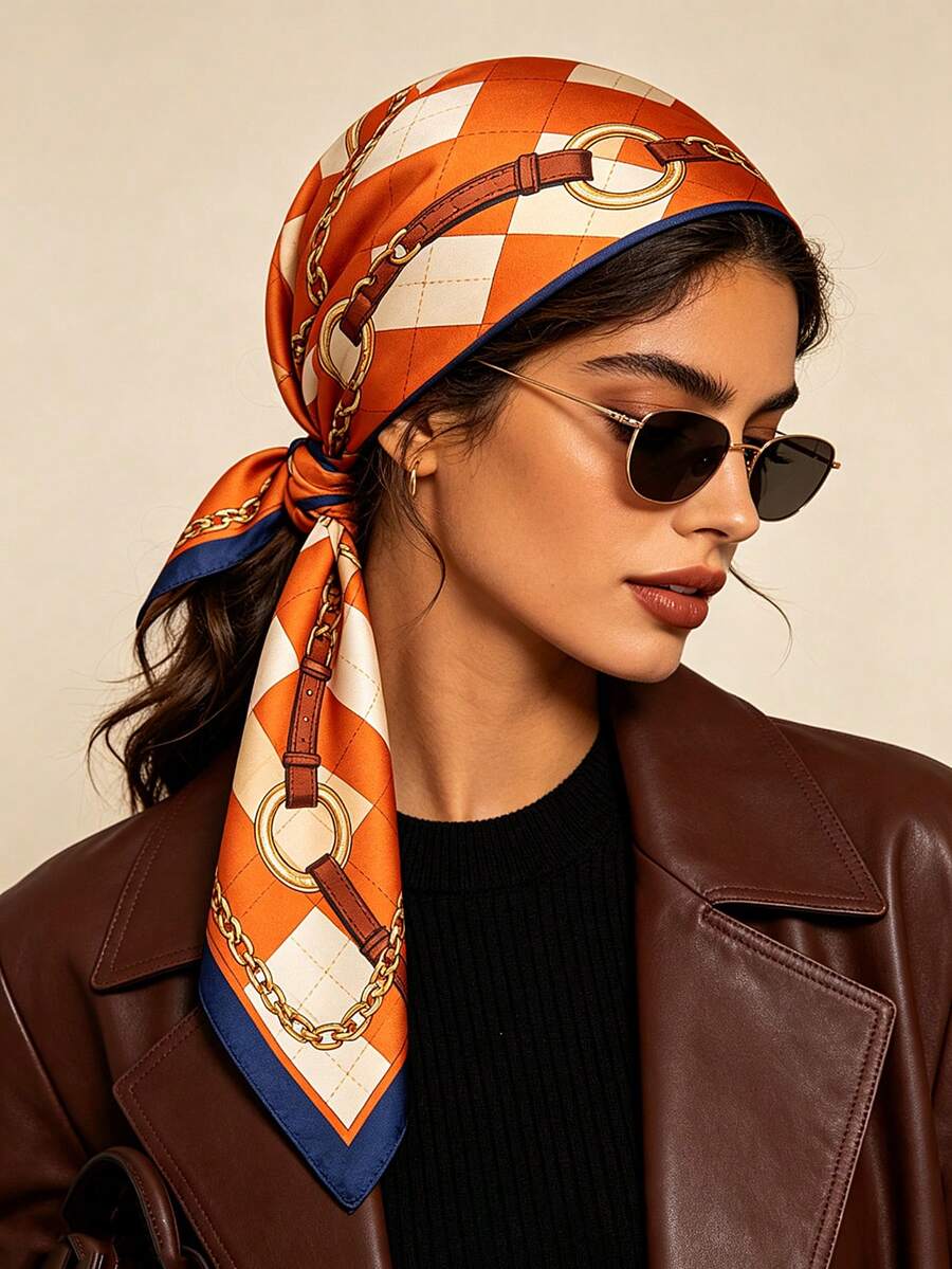 1pc Vintage Equestrian Leather Strap Chain Print Satin Square Scarf, Multi-Functional Retro Headscarf, Scarf, Bag Decoration Accessory, Suitable For Women - Multicolor - View 1