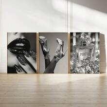 Set Of 3 Framed Canvas Wall Art, Black And White Canvas Posters, High Heels, Lips, And Perfume Prints, Ready To Hang, Home Decor Fashion Wall Art, Perfect Gift For Any Space - Multicolor - View 3