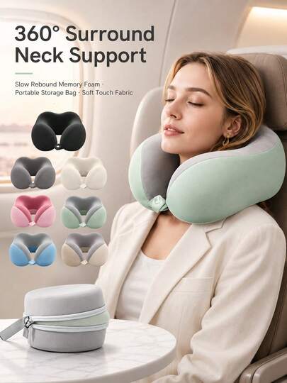 1 Ergonomic Travel Neck Pillow With Storage Bag, Upgraded Airplane Travel Neck Pillow, 100% Pure Memory Foam Travel Pillow, Suitable For Flight Headrest Sleep, Car, Bed, Compressible Fit Design, Portable Airplane Accessory