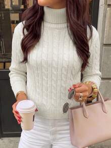Elva Women's Autumn High Neck Vertical Striped Cable Knit Slim Fit Long Sleeve Sweater, Suitable For Commuting, Dating, Back To School, National Day, Shopping - White - View 4