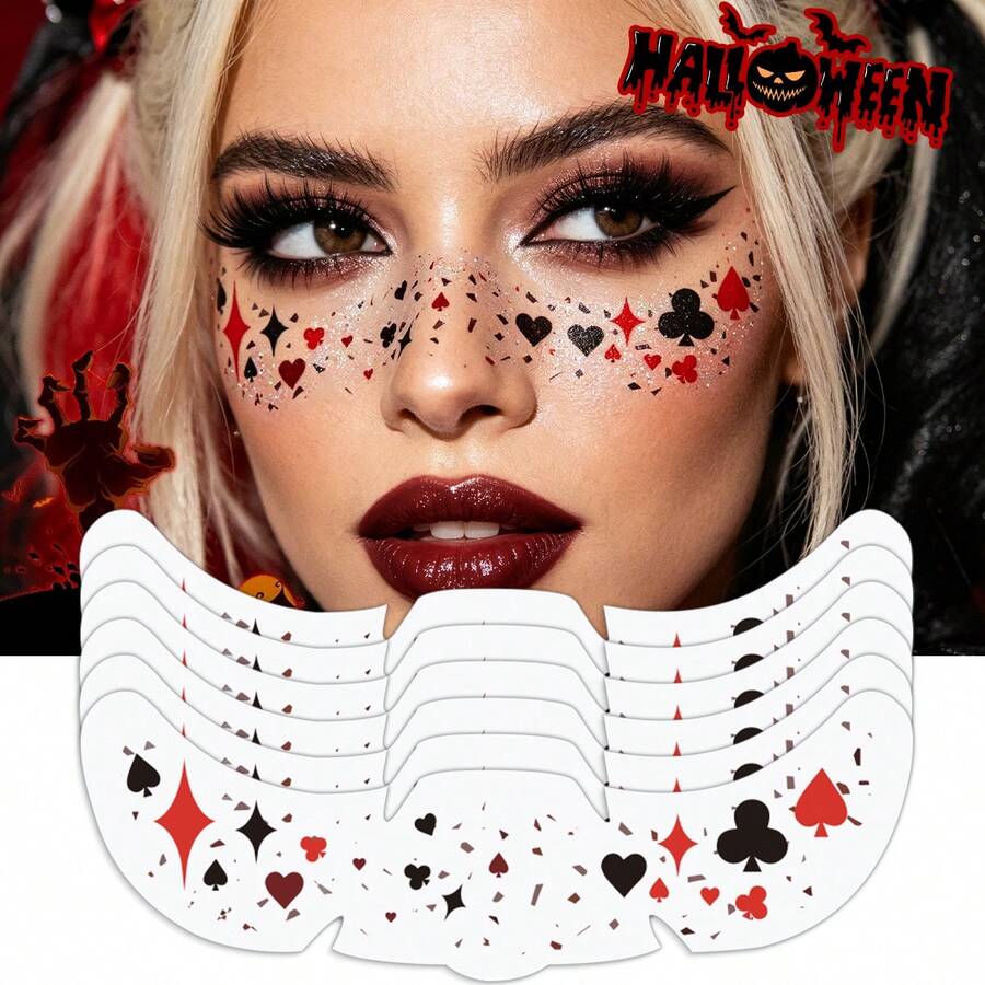 6PCS Halloween Poker Card Suit Face Temporary Tattoo Stickers, Heart Spade Club Diamond Playing Card Symbols Face Decals, Sparkly Poker Pattern Face Stickers For Cosplay, Halloween Costume, Carnival Party Makeup Accessories
