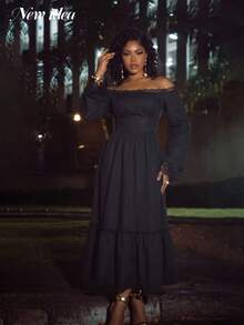 NEW IDEA Women Gothic Elegant Black Fall Winter Midi Dress, Off Shoulder Lace Trim Ruffle Hem Dress For Halloween, Night Out, Party, Going Out - Black - View 8