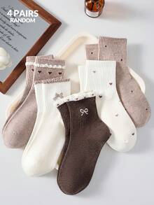 4 Pairs Women's Cute Sweet Breathable Bowknot Heart Polka Dot Cartoon Pattern Short Invisible Boat Socks, Ankle Socks, Ruffle Socks, White Socks, Sports Socks, Student Socks, Maillard Style, Suitable For Daily Casual Wear, Random Color, Suitable For Spring Summer Autumn Winter All Seasons - Multicolor - View 10