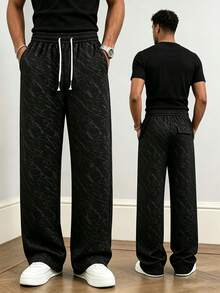 Men's Drawstring Waist Colorblock Striped Decor Loose Straight Wide Leg Drape Elastic Waist Jacquard Pattern Street Style Sports Casual Pants Suitable For Daily Wear Commute Gym Training Date Outfit Holiday Gift Spring Autumn Winter - Black - View 1