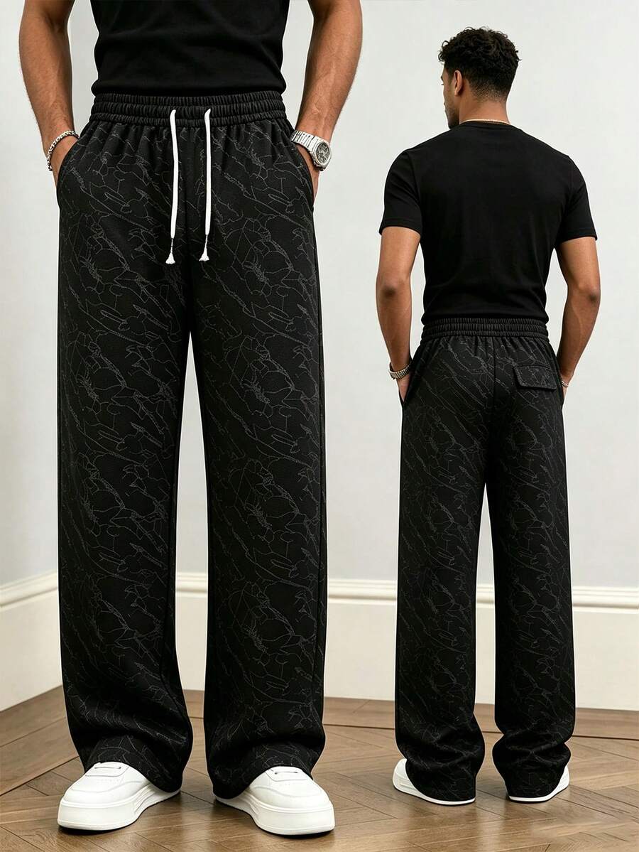 Men's Drawstring Waist Colorblock Striped Decor Loose Straight Wide Leg Drape Elastic Waist Jacquard Pattern Street Style Sports Casual Pants Suitable For Daily Wear Commute Gym Training Date Outfit Holiday Gift Spring Autumn Winter - Black - View 1