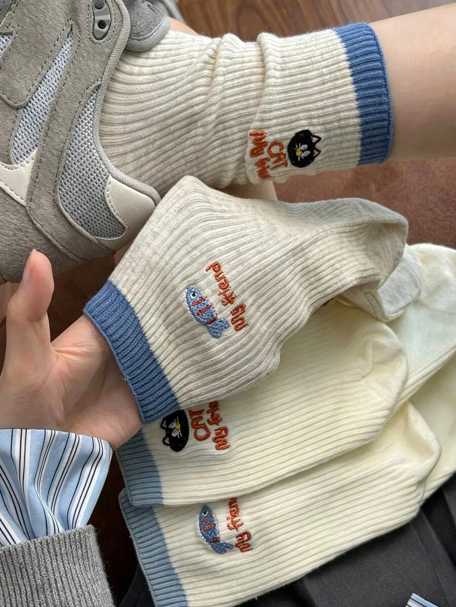 1/2/3/4 Pasang Kaos Kaki Abu-abu Anak Perempuan Setengah Betis, Desain Kucing Kartun Lucu, Kaos Kaki Panjang Slouch Musim Gugur/Dingin, Gaya Korea Ins - MultiWarna - View 1