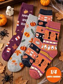 1/4 Pairs Random Women's Fun Halloween Socks With Pumpkin Head, Ghost, Witch Prints, Suitable For Party And Holiday Wear - Multicolor - View 1