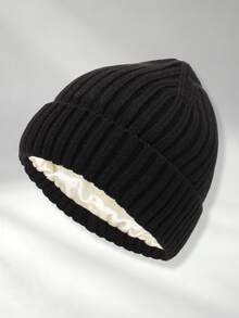 1pc Satin Lining Autumn/Winter Striped Ribbed Warm Knitted Hat, Satin Hair Protection Cold-Proof Woolen Beanie - Ribbed Knit - View 12