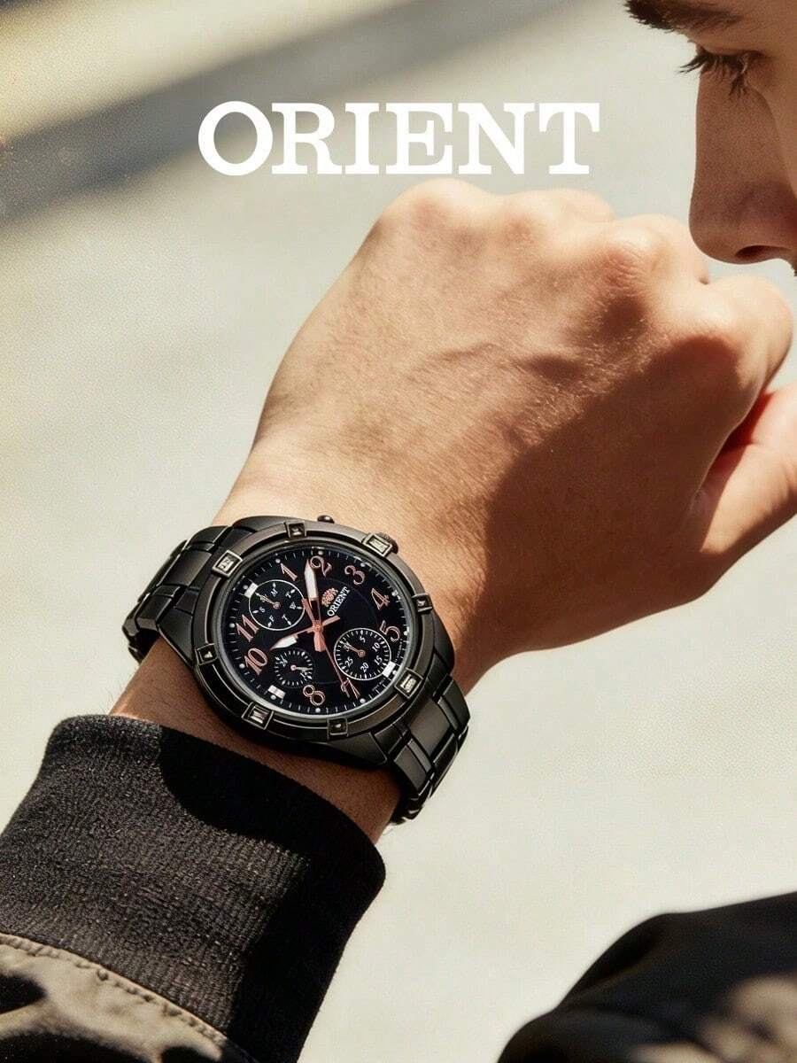 Orient 女款黑色離子鍍層多功能石英手錶,粗體數字黑色錶盤,日期-星期顯示,全黑手鍊,耐用運動商務手錶 - 黑色 - 查看 1
