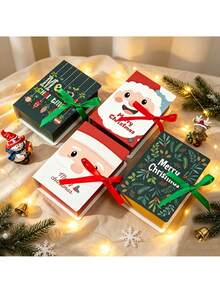 12/24pcs Christmas Paper Gift Boxes, With Red Ribbons And Bags, 4 Cartoon Christmas Patterns, Party Decoration Gift Packaging Small Box, Santa Claus, Snowman, Gingerbread For Man Candy Boxes For Holiday Souvenirs Packaging - Gift Box - View 2