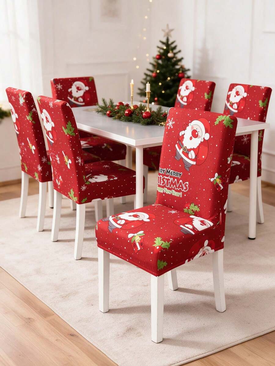 1/4/6 Pcs Merry Christmas Santa Claus Anti-Cat & Dog Scratching Red Festive Elastic Dining Chair Covers, Removable Dustproof Non-Slip Printed Chair Protector Covers Suitable For Home Decor, Hotel, Restaurant And Banquet Living Room Decoration