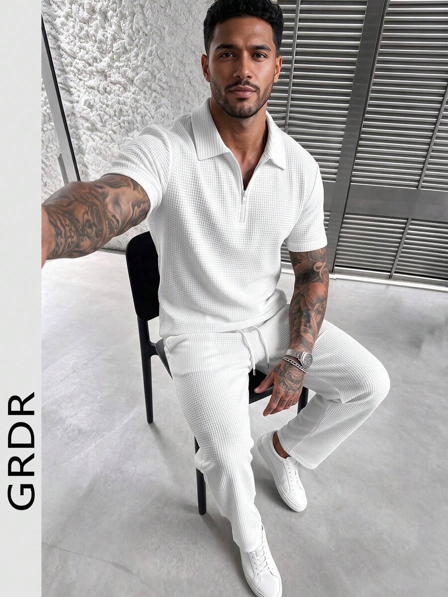 GRDR Vintage Textured Men's Casual Solid Color Drawstring Short Sleeve Top And Long Pants 2 Pieces Set - White - View 1