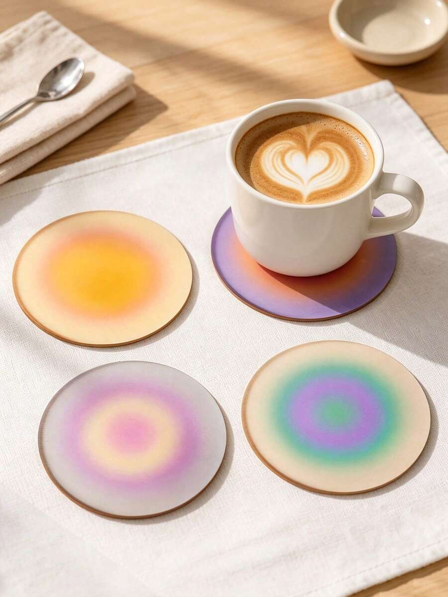 1/4/8pcs Gradient Halo Print Wooden Coasters, Colorful Gradient Round Wooden Coasters, Non-Slip Coasters, Suitable For Modern Home Kitchen, Bar, Office, Aesthetic Desktop Decor - Multicolor - View 1
