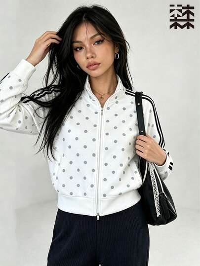 mulinsen Women's Polka Dot Zip-Up Sports Jacket, Contrast Side Stripe Stand Collar Loose Pocket Long Sleeve Sports Outerwear,