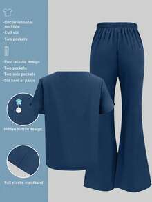 1 Set Solid Color V-Neck Short Sleeve Top And Split Leg Pants Lab Coat Nurse Scrub Scrubs Outfit Fall - Deep Blue - View 3