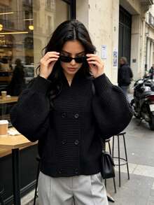 Autumn/Winter Design Stand Collar Button Front Cardigan, Elegant Casual Style Lantern Sleeve Loose Fit Versatile Knit Sweater Jacket - Black - View 9
