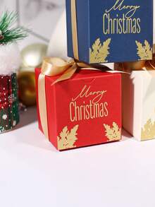 10pcs Merry Christmas Cube Gift Boxes With Satin Ribbon Bows, Gold Foil Lettering And Botanical Leaf Print, Red Blue Or Ivory Mini Packaging For Jewelry, Small Presents, Xmas Party Favors, Stocking Fillers And Holiday Gift Exchange - View 7