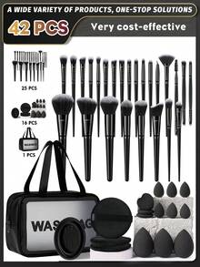 42Pcs/6pcs Black Makeup Tool Set Makeup Brushes Makeup Bag Silicone Brush Cleaner Clean Sponge Pads Triangle Puff Finger Puff Makeup Sponge For Foundation Blush Contour Eyeshadow Blending Dry Wet Use - Black - View 1