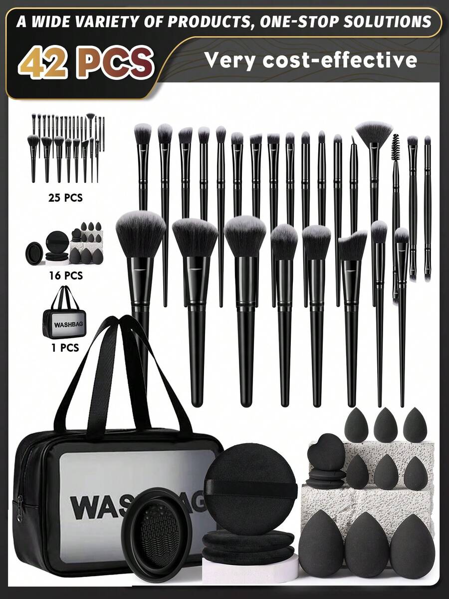 42Pcs/6pcs Black Makeup Tool Set Makeup Brushes Makeup Bag Silicone Brush Cleaner Clean Sponge Pads Triangle Puff Finger Puff Makeup Sponge For Foundation Blush Contour Eyeshadow Blending Dry Wet Use - Black - View 1