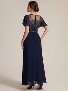 EVERPRETTY Elegant Luxury Heavy Beaded Embroidery Lotus Sleeve A-Line Chiffon Patchwork Navy Blue Formal Evening Gown Suitable For Dinner Party Wedding Guest Anniversary - Navy Blue - View 5