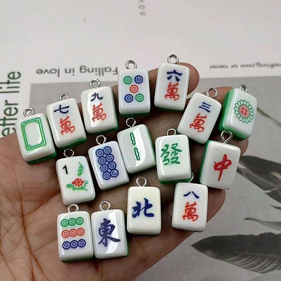 16pcs Random Creative Chinese Mahjong Pendant Charms, Jewelry Making Accessories, New Resin Square Decorative Pendants - Multicolor - View 1