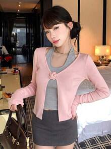 3D Floral 2 In 1 Halter Neck Knit Sweater Women Autumn/Winter Design Slimming Elegant Niche Long Sleeve Pullover Top - Pink - View 2