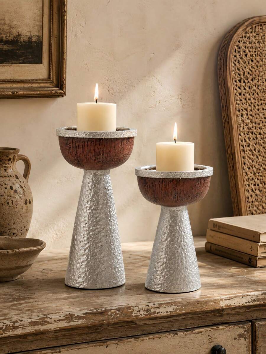 1pc Rustic Silver Hammered Candle Holder, Farmhouse Style Living Room Dining Room Fireplace Tabletop Decor Centerpiece - Silver - View 1
