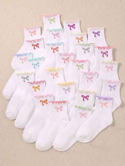 20 Pairs Multi-Style Girls Socks, Children Socks With Cute Bows, Ruched Edges, Fluffy Mid-Calf Socks, Sports Socks, Breathable And Comfortable, Sweat-Absorbing And Non-Stuffy, Soft Knitted Socks, Skin-Friendly And Non-Irritating, Suitable For 1-16 Years Old Toddlers, Children, Girls, Daily Casual Wear, School Sports, Running, Outdoor Play, Colorful Lace Design, Princess Style Fashion, Basic Short Socks, Autumn/Winter Outfit, Girl's Long Socks, Random Styles