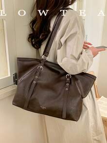 low tea 1pc Square PU Fabric Shoulder Tote Bag With Buckle, Suitable For Commuting, Shopping And More - Coffee - View 12