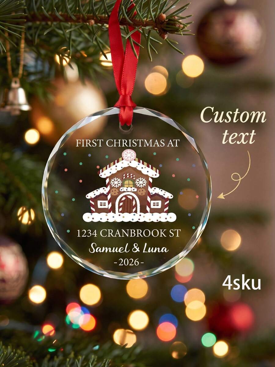 1pc Personalized First Christmas New Home Ornament,Custom Text 2026 Gingerbread House Round Hanging Pendant With Red Ribbon,Customized Xmas Tree Decoration New House Keepsake Gift For Couple - Multicolor - View 1