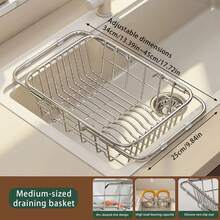 1pc Expandable Rustproof Stainless Steel Over Sink Dish Drainer Basket, Adjustable Telescopic Kitchen Sink Storage Rack, Dish Drying Holder For Plates, Bowls, Chopsticks & Tableware, Space Saving Kitchen Counter Organizer Home Gadget - Multicolor - View 14