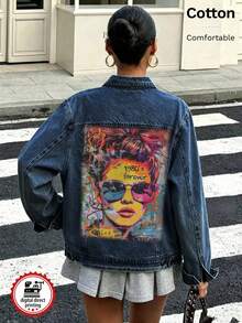 Women's Denim Jacket, 80s American Graphic White Ink Direct-To-Garment Print, Vintage Washed Loose Fit Denim Jacket - Dark Denim Blue - View 1