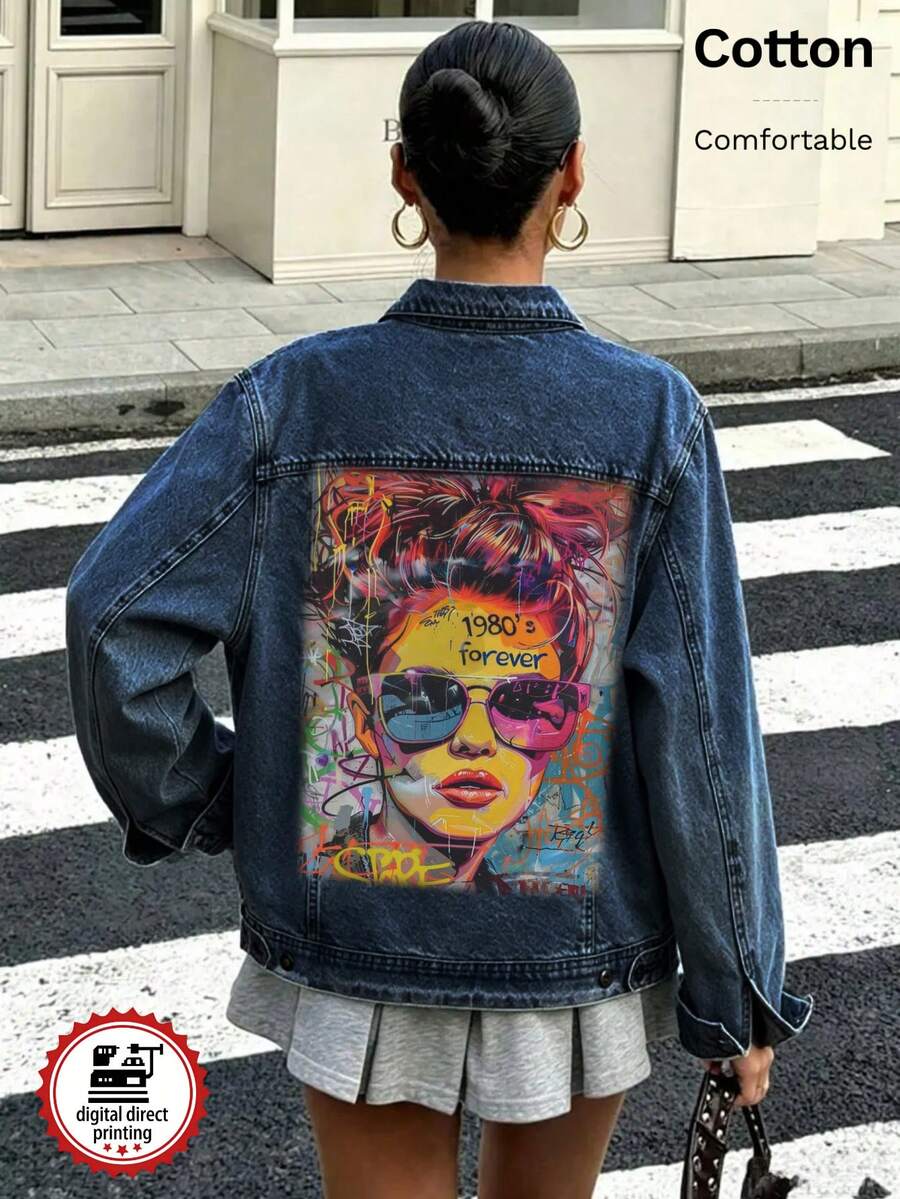 Women's Denim Jacket, 80s American Graphic White Ink Direct-To-Garment Print, Vintage Washed Loose Fit Denim Jacket - Dark Denim Blue - View 1
