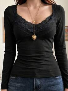 Women's Y2K Contrast Lace Long Sleeve Top, Cute Basic T-Shirt, Suitable For Back To School, Streetwear, Daily Commute And Home Leisure - Black - View 5
