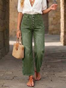New Women's Loose Elastic Waist Denim Capri Pants Casual Spring - Army Green - View 5